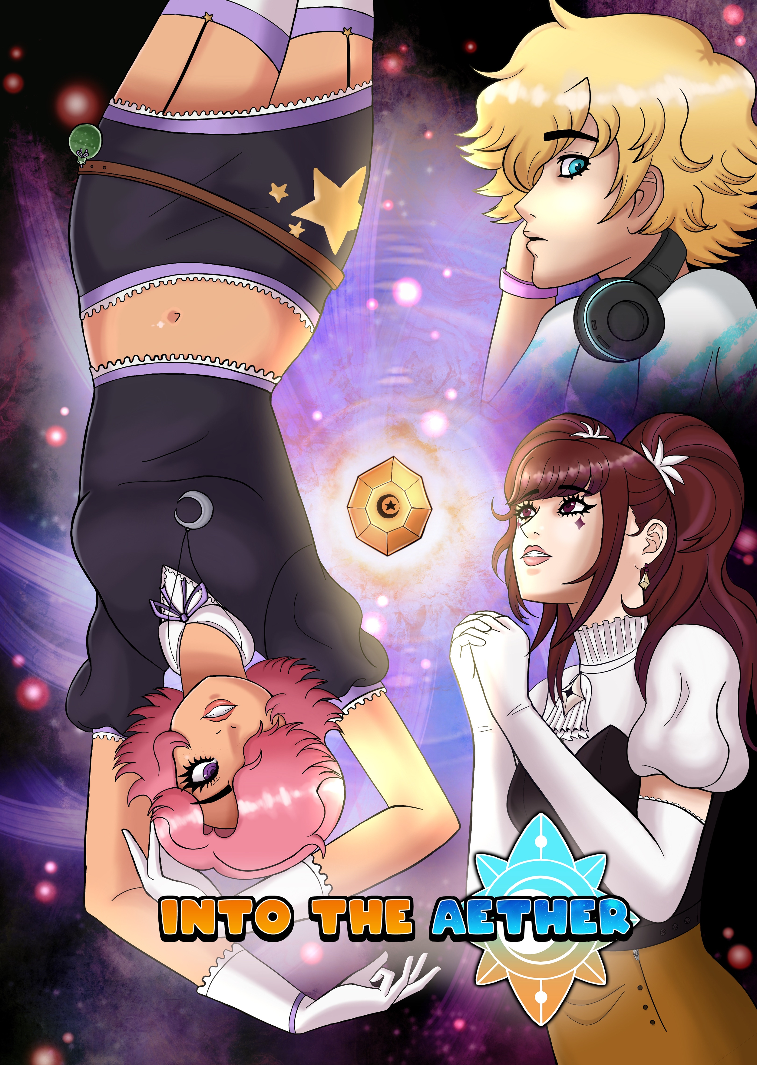 Anime-style illustration of two female characters with a space-themed background, displaying the title 'Into the Aether' at the bottom.