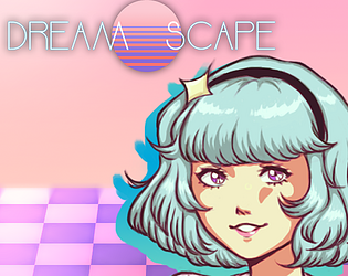 Digital illustration of a girl with teal hair and a star hair accessory, against a pastel pink background with a purple checkerboard ground and a sunset or planet with horizontal lines. Text reads 'DREAM ESCAPE'.