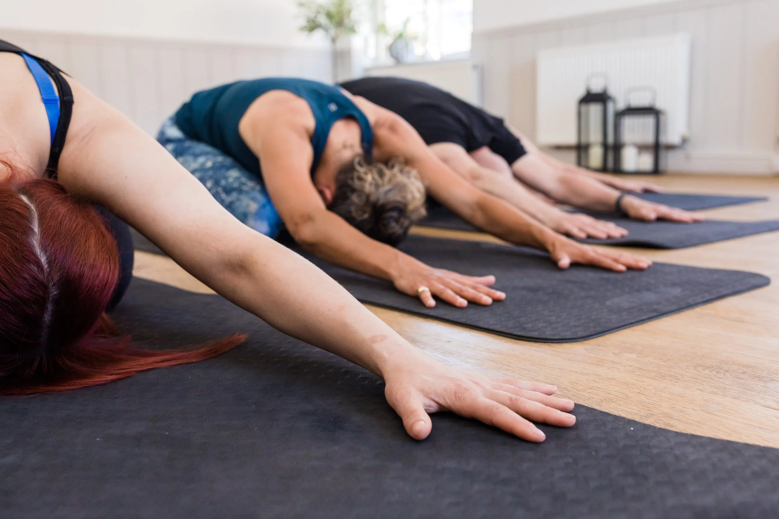 People practicing yoga in a studio, stretching on yoga mats.