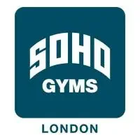 Logo of SOHO GYMS London with white text on a dark teal background.