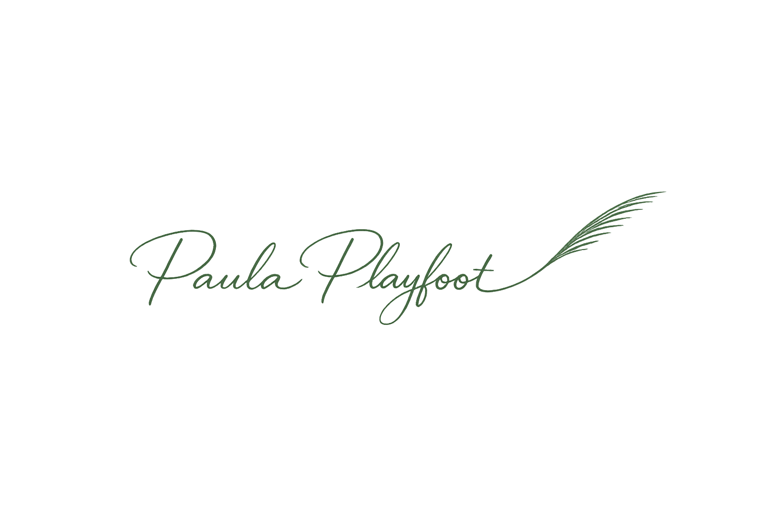 Elegant black background with green cursive text that reads 'Paula Playfoot' and a green feathered line extending from the letter 't'.