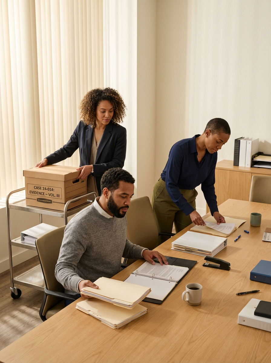 Three people working in an office with a wooden table, binders, papers, and coffee mugs. One person is seated and reviewing files, while two others are standing and organizing documents.