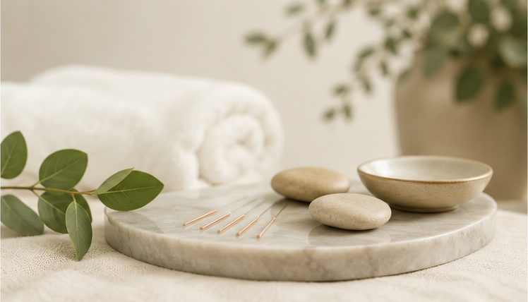 Spa or wellness setting with a white rolled towel, green leaves, smooth stones, a bowl, and a marble tray.