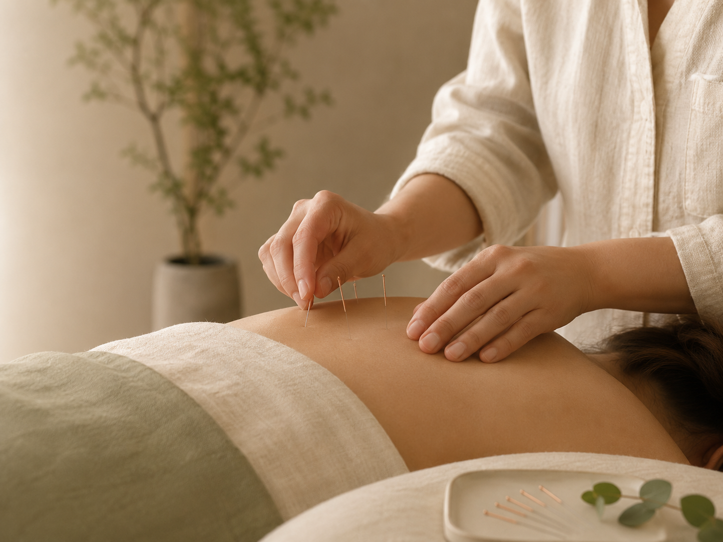 A person receiving acupuncture treatment on their back, with acupuncture needles inserted, in a calm and softly lit room.
