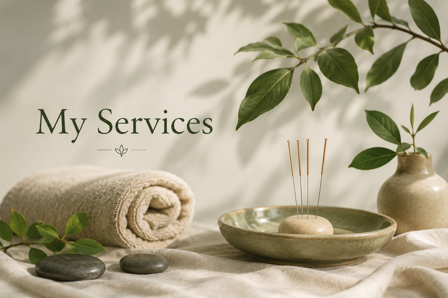 A spa or wellness scene with a rolled beige towel, green leaves, and a ceramic bowl with four incense sticks, on a cream-colored cloth, and a matching vase with green leaves in the background.
