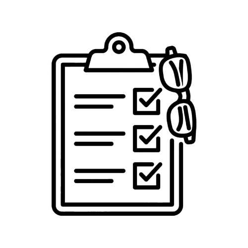 A checklist on a clipboard with three checked boxes and a pair of glasses hanging on the side.