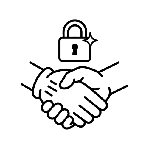 Illustration of a handshake with a padlock symbol above it, representing security or trust.