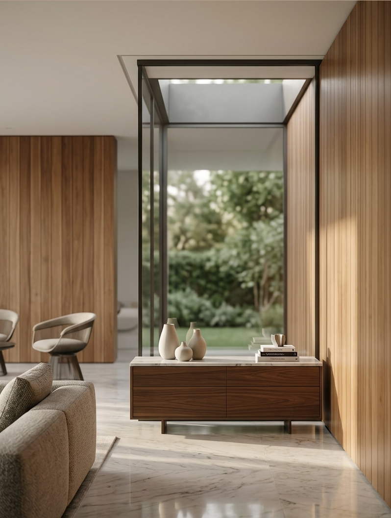 A modern living room with wooden wall paneling, a low wooden sideboard with vases and books, and a large window opening to greenery outside.