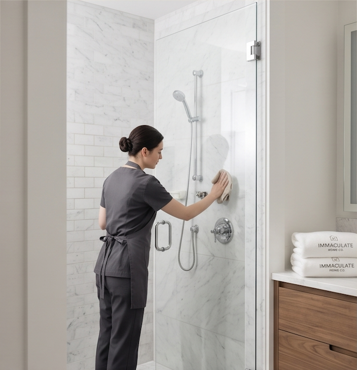 A cleaning staff member disinfects a shower in a modern, white tiled bathroom.