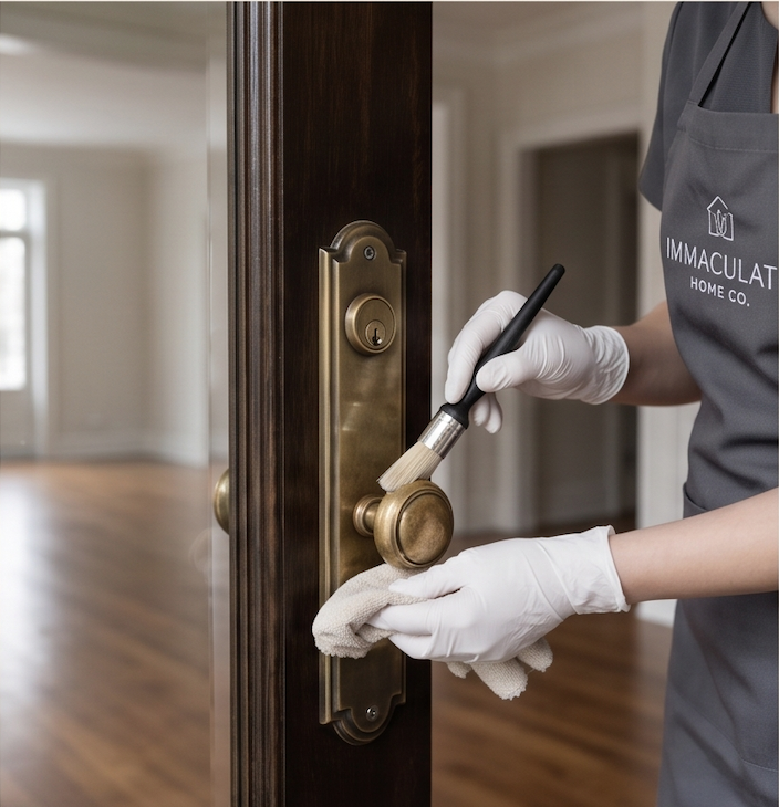 A person wearing a gray shirt with 'IMMACULATE HOME CO.' logo, white gloves, and holding a paintbrush and cloth, cleaning a brass door handle on a wooden door in a well-lit room.