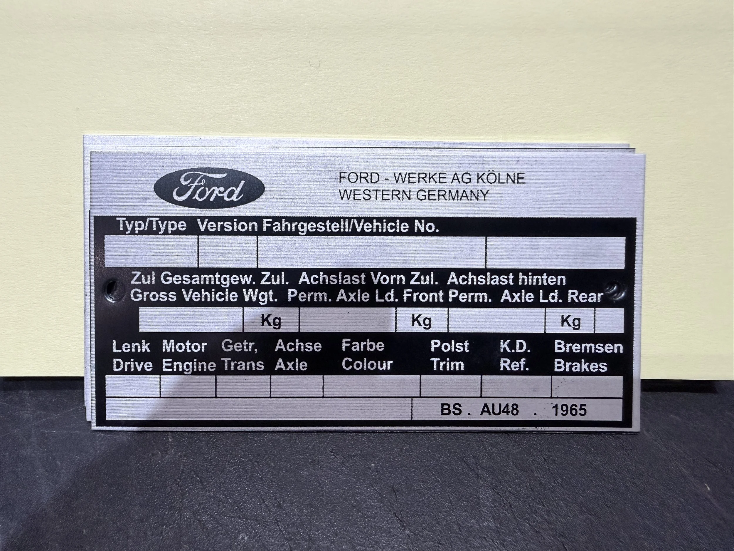 FORD CHASSIS VIN PLATE "FORD WERKE AG KOLNE WESTERN GERMANY" - BLANK