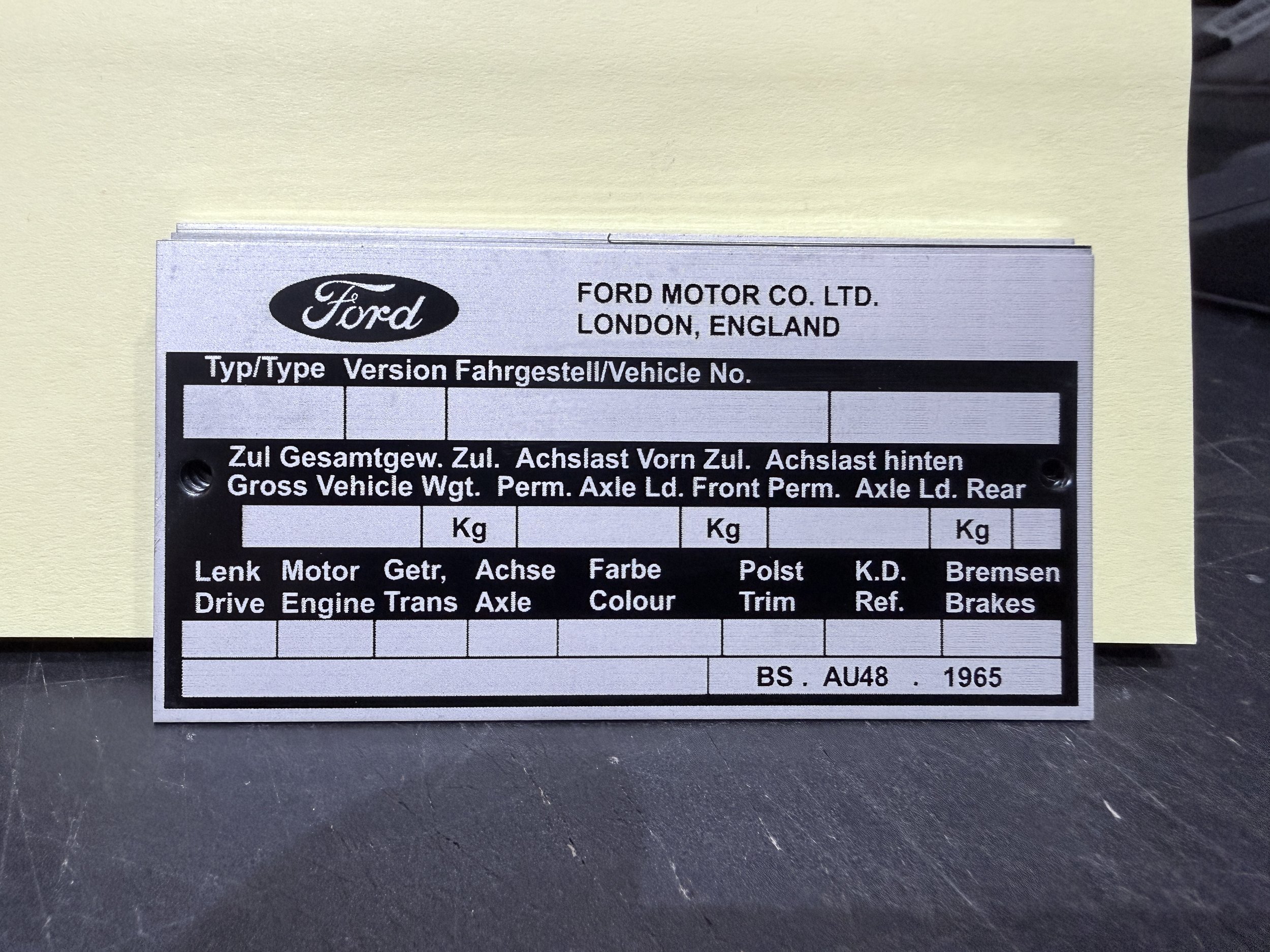 FORD CHASSIS VIN PLATE "FORD MOTOR CO LONDON" - BLANK