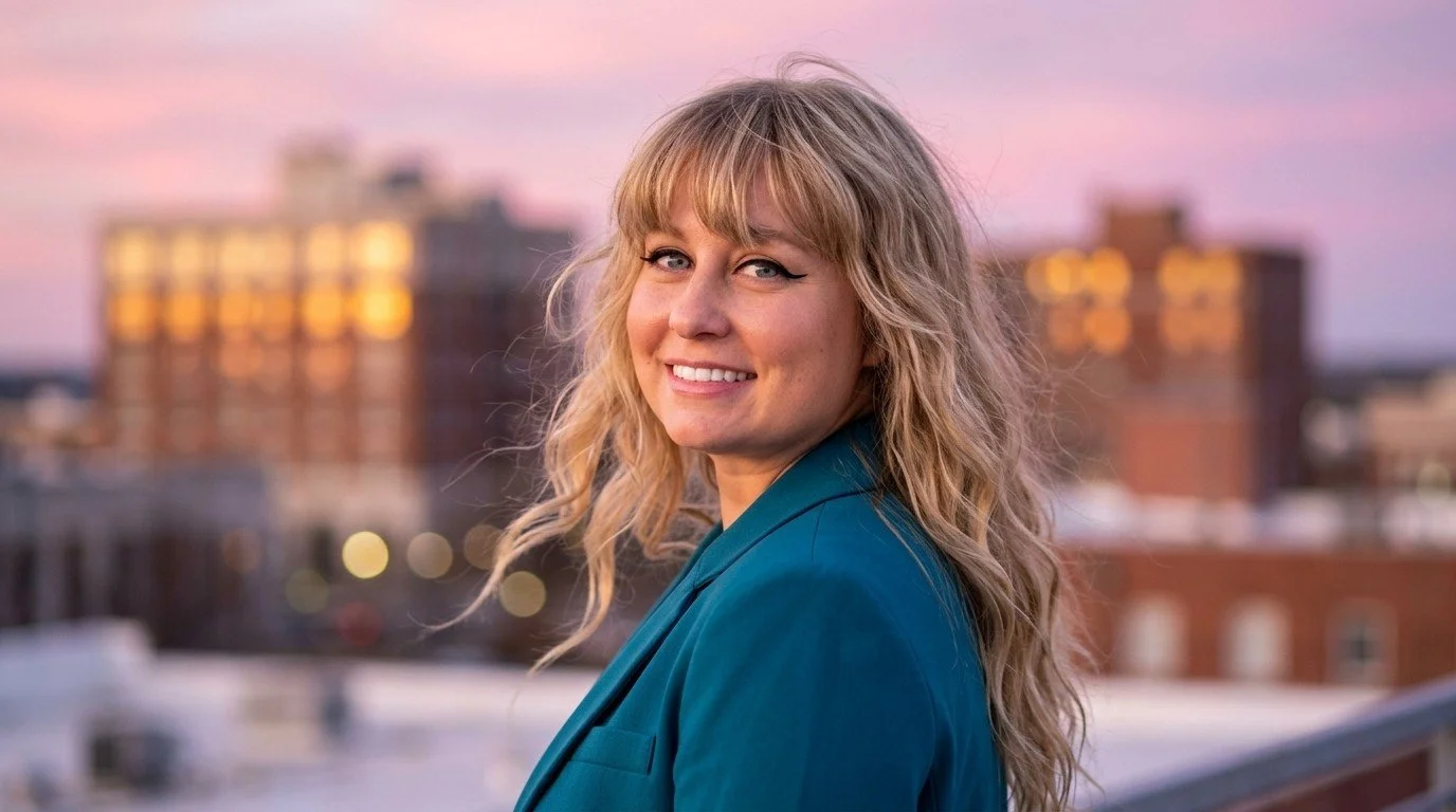 A woman with blonde curly hair and blue eyes smiling outdoors at sunset, wearing a teal blazer, with a cityscape and pink sky in the background.