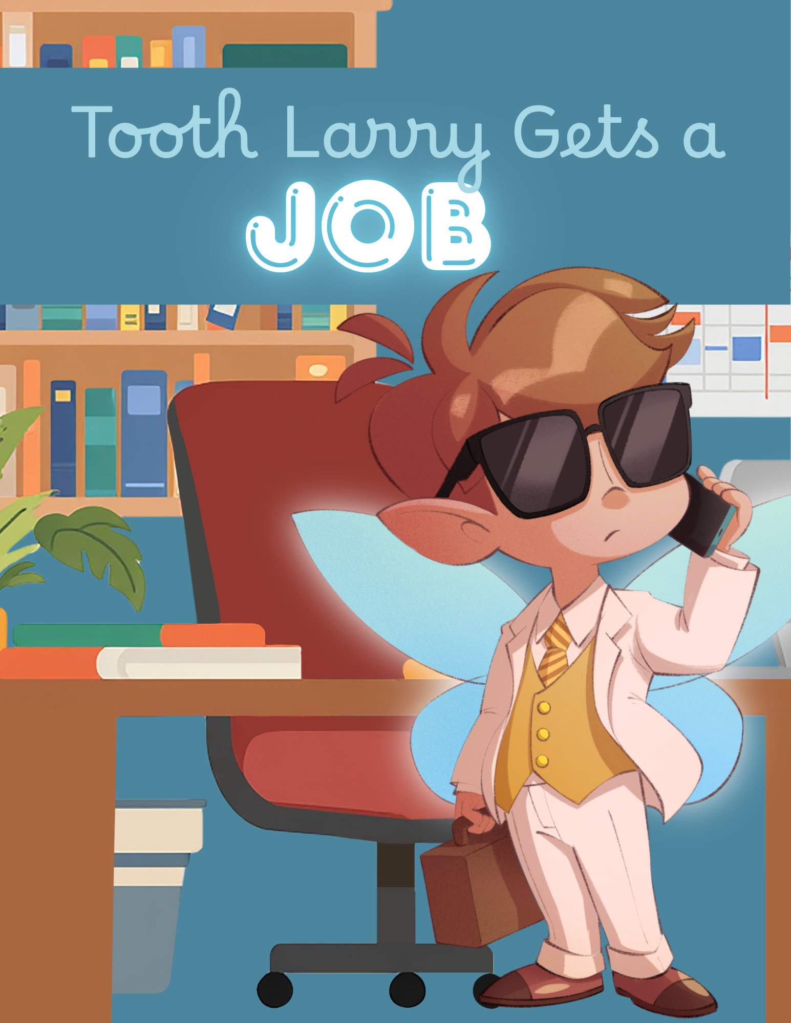 A cartoon illustration of a young boy dressed as a professional, with sunglasses, a blazer, vest, tie, holding a briefcase, standing next to an office desk with a potted plant and books in the background, with a chess board on the wall