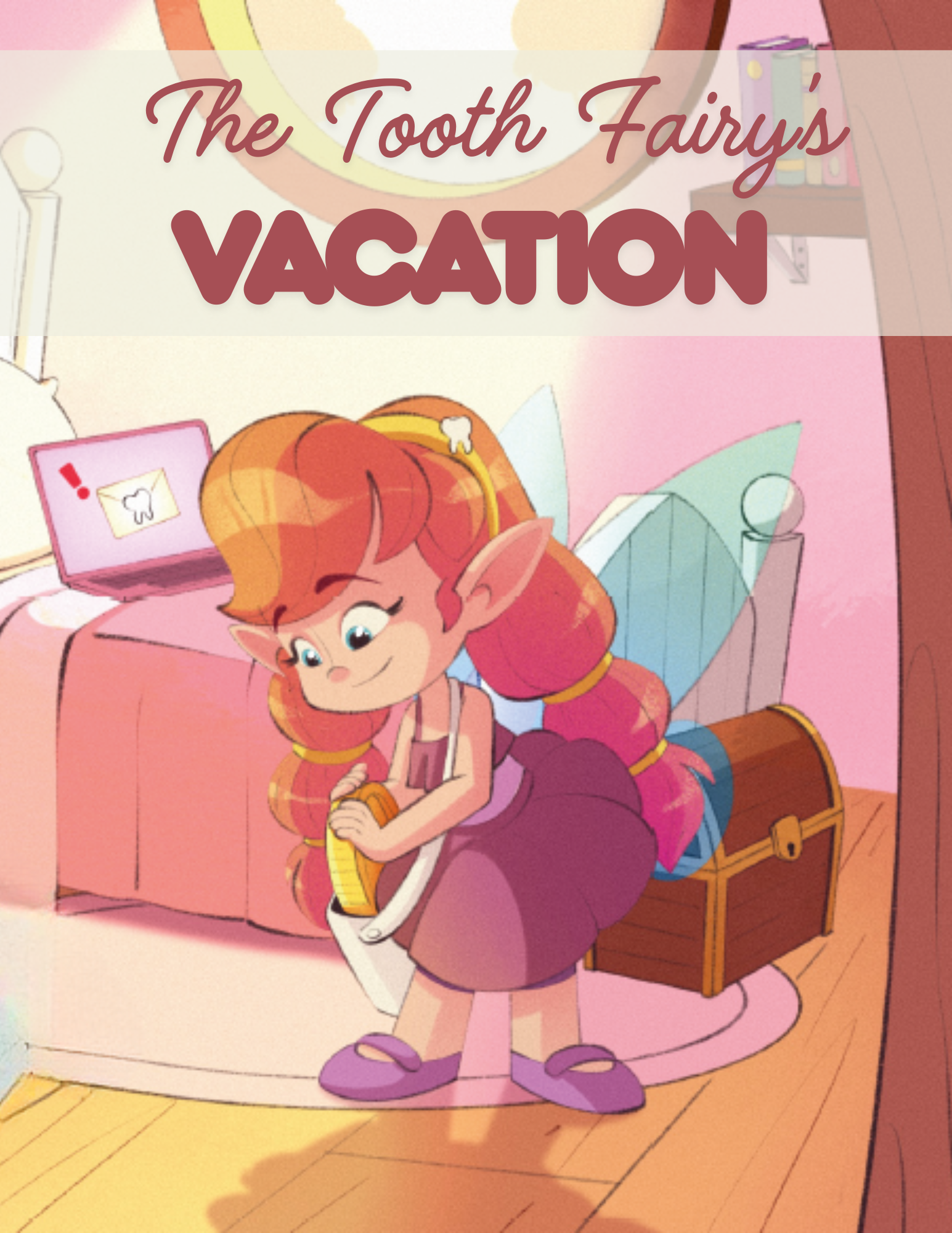 A cartoon girl with orange hair and elf-like ears sitting on a purple backpack in her bedroom, holding a yellow measuring tape near her chest, with a pink bed, a pink laptop, and a bookshelf in the background, in an animated style.