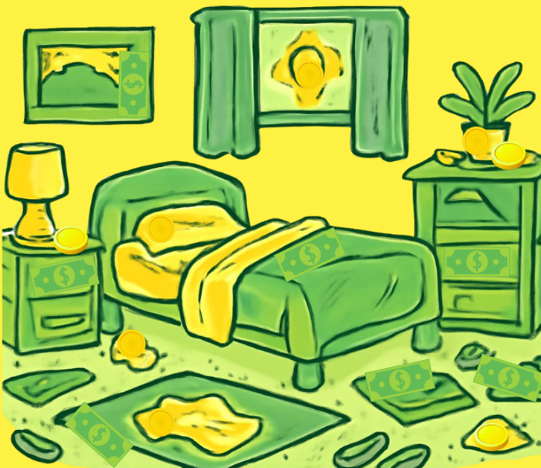 A cartoon of a bedroom with green furniture, yellow accents, and cash scattered around, including on the bed, tables, and floor, with paintings on the wall.