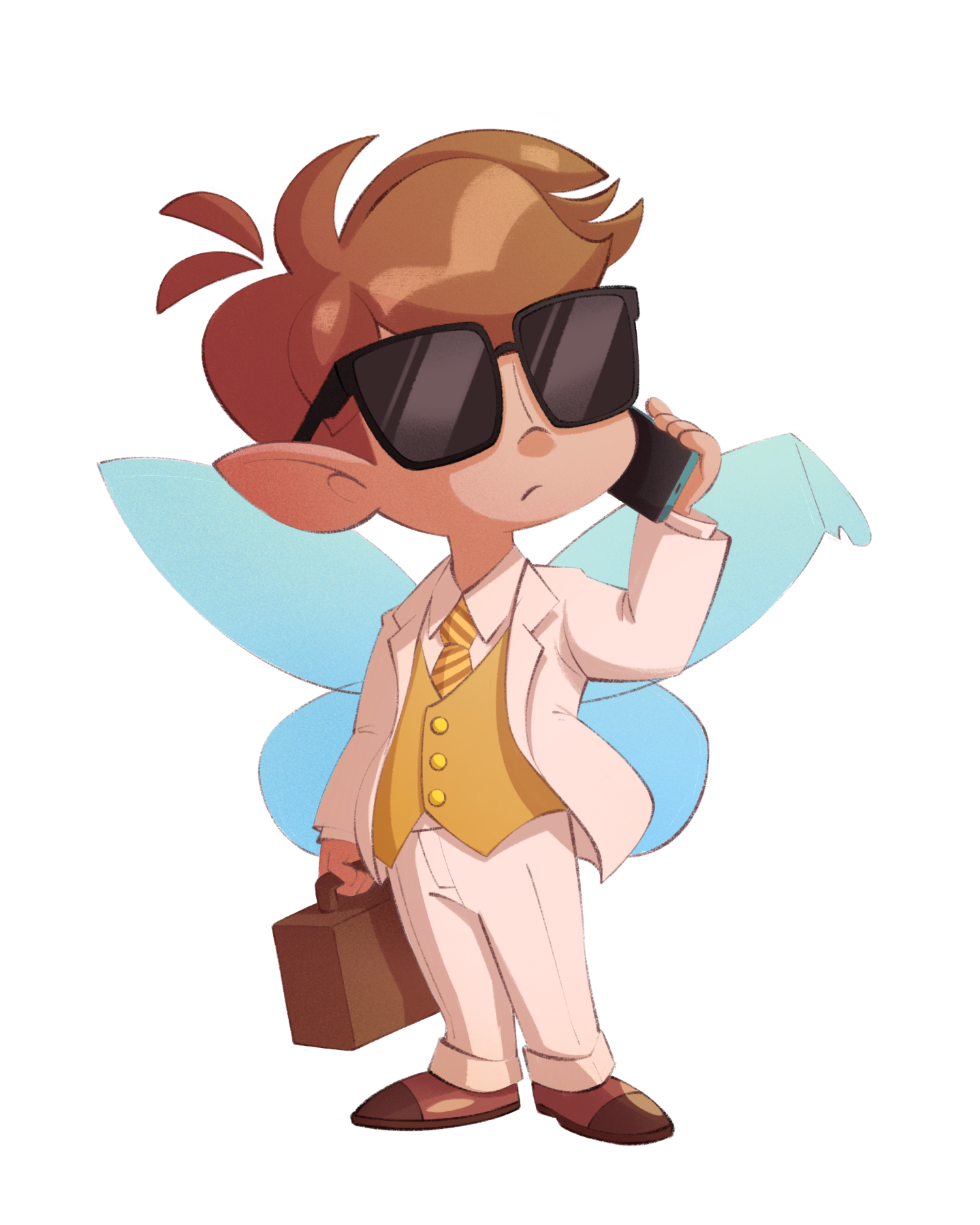 A cartoon character with brown hair, large sunglasses, a beige suit, yellow vest, striped tie, holding a briefcase, standing in front of whimsical blue clouds.