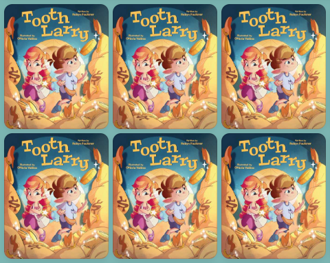 Six copies of the children's book 'Tooth Larry' featuring animated characters of a boy and girl with a large yellow toothbrush on the cover.