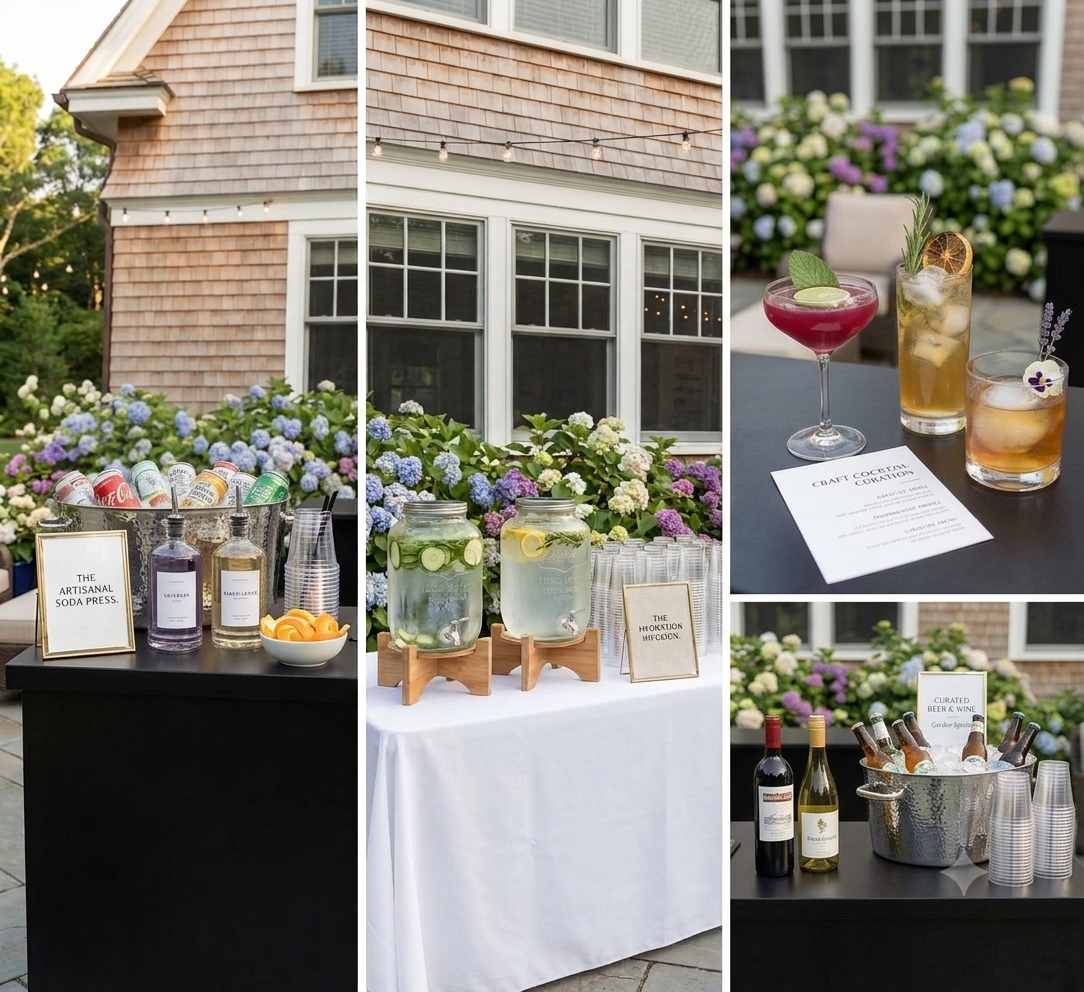 Outdoor summer gathering with floral decorations, craft cocktail drinks, soda station, infused water jars, and beer and wine bottles on tables.