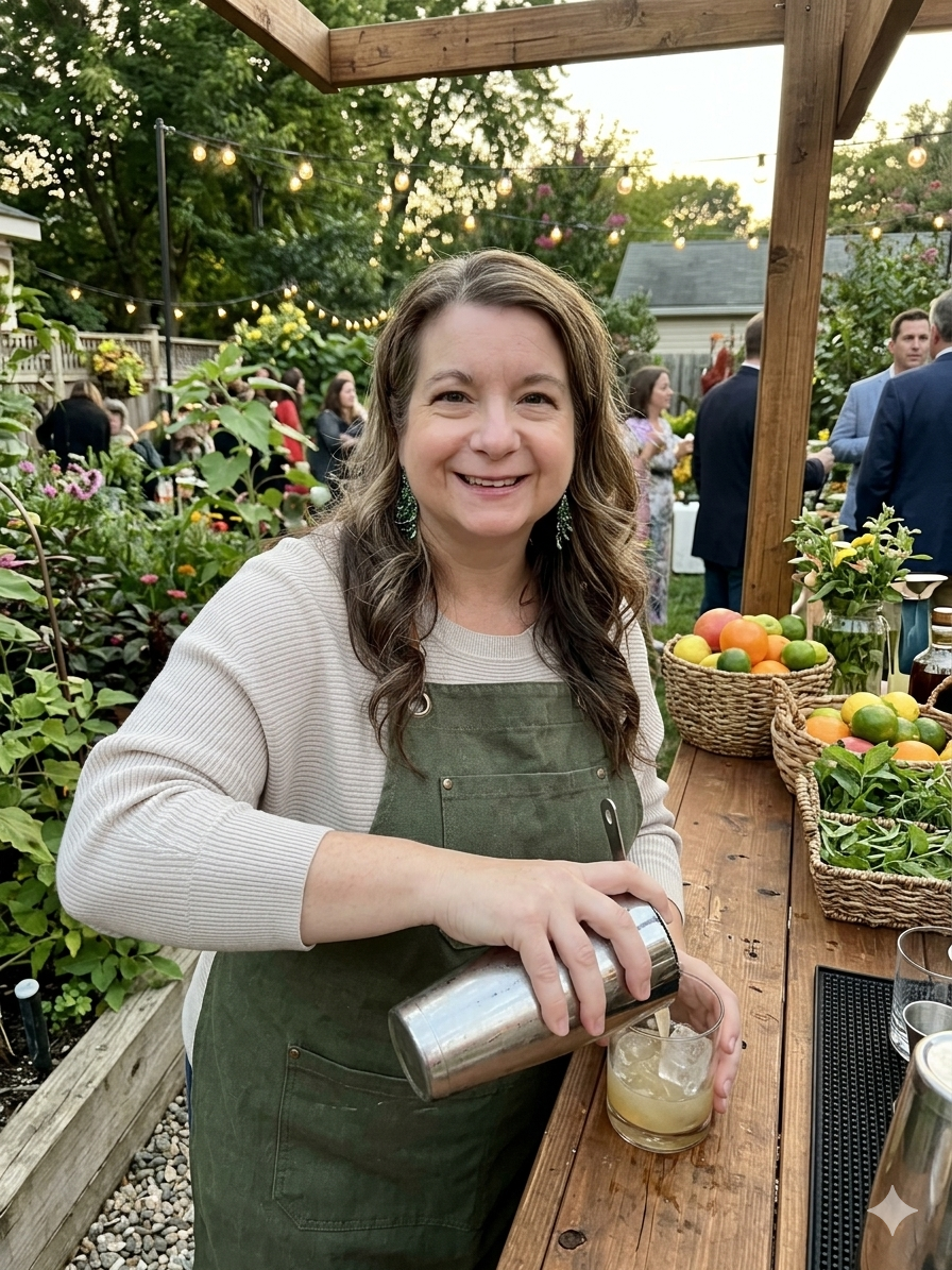 A woman with wavy brown hair smiling while pouring a drink from a shaker into a glass on a wooden bar outdoors. She is wearing a green apron over a beige sweater. There are baskets of colorful citrus fruits on the bar, and string lights and green trees decorate the background with people gathered at a social event.