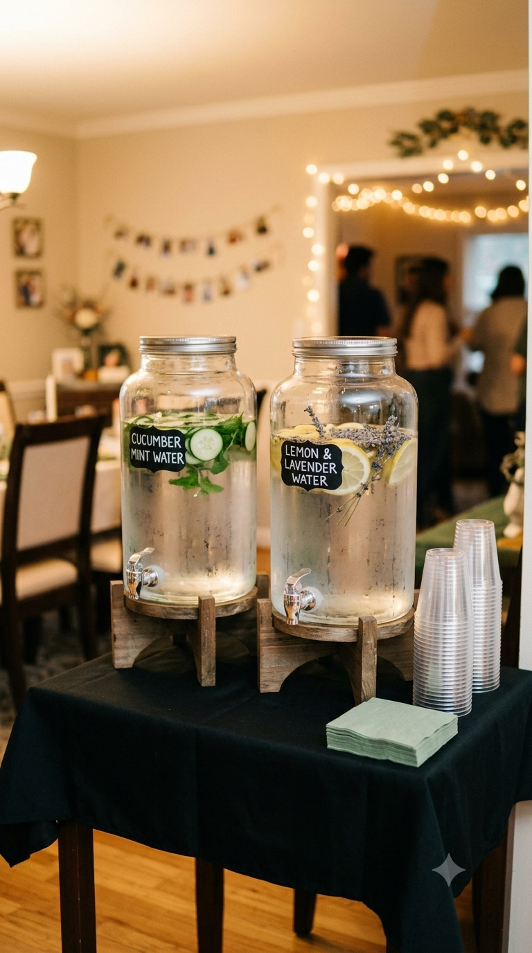 Two large glass dispensers of flavored water on a black table, labeled 'Cucumber Mint Water' and 'Lemon & Lavender Water,' with plastic cups and napkins nearby, in a decorated room with string lights and blurred people in the background.