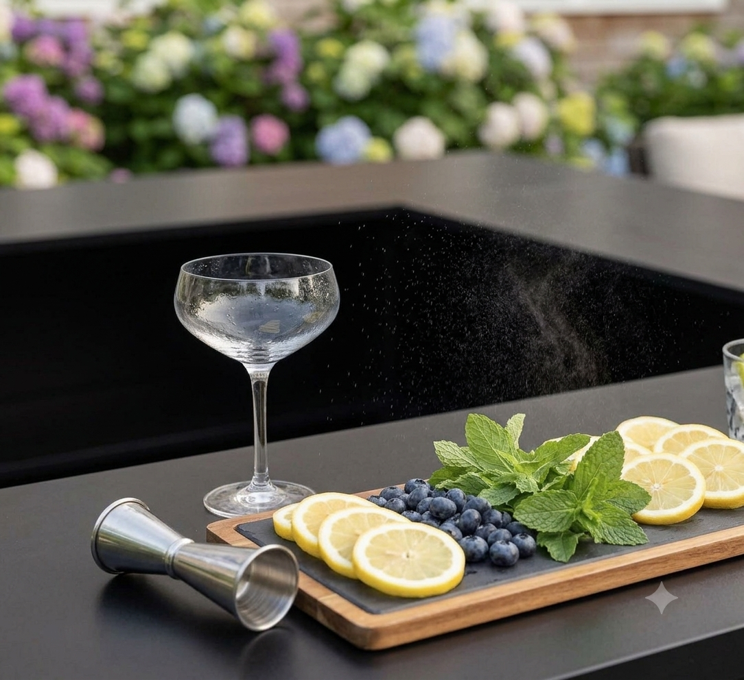 A close-up of a cocktail glass with a spritz of dust or powder in mid-air, on a black table. On a wooden platter, there are lemon slices, blueberries, and fresh mint leaves. A metal jigger is lying on the table. In the background, there are blurred hydrangea flowers in pastel colors.