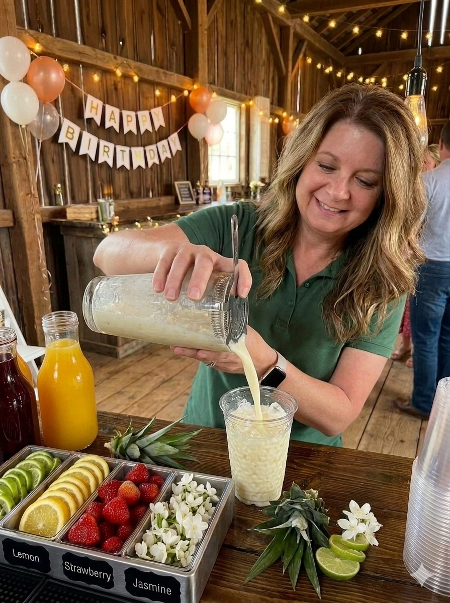 Woman pouring a creamy beverage into a glass at a rustic birthday party with a