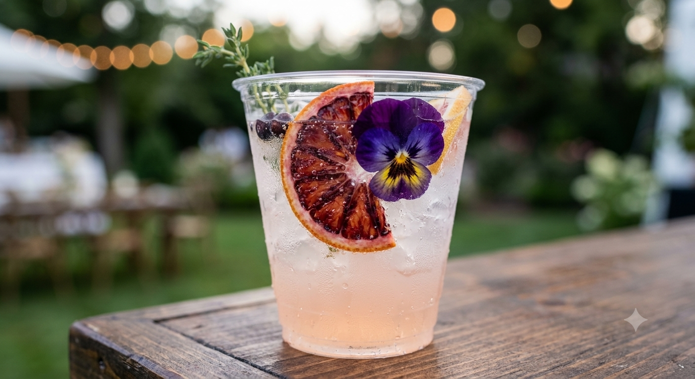 A clear plastic cup filled with a light pink beverage, garnished with a slice of blood orange, a lemon wedge, a sprig of herbs, and an edible flower, resting on a wooden surface outdoors.