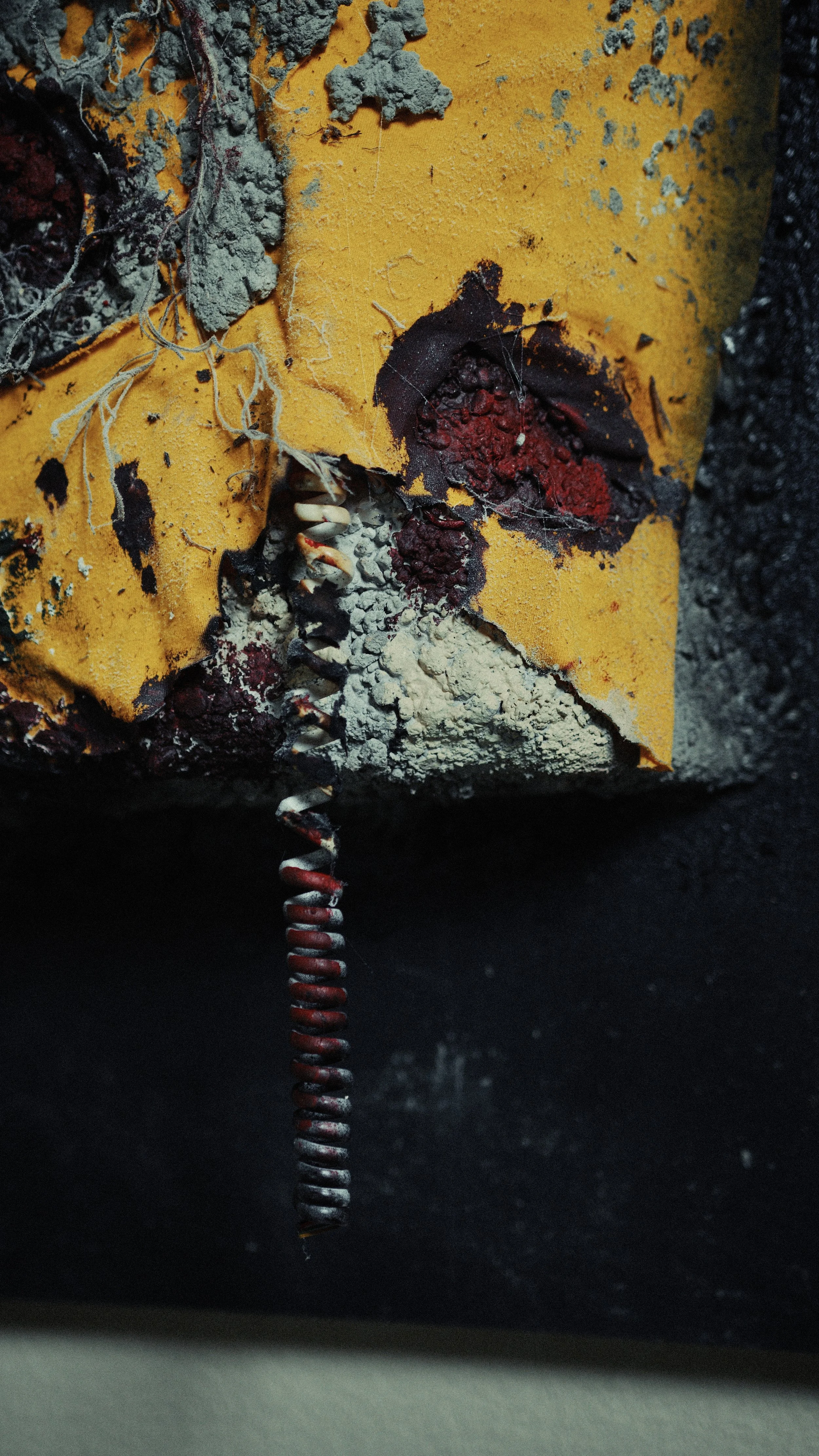 Close-up of a damaged yellow electrical telephone box with broken parts, exposed wires, powdery residue, and a coiled wire hanging down.