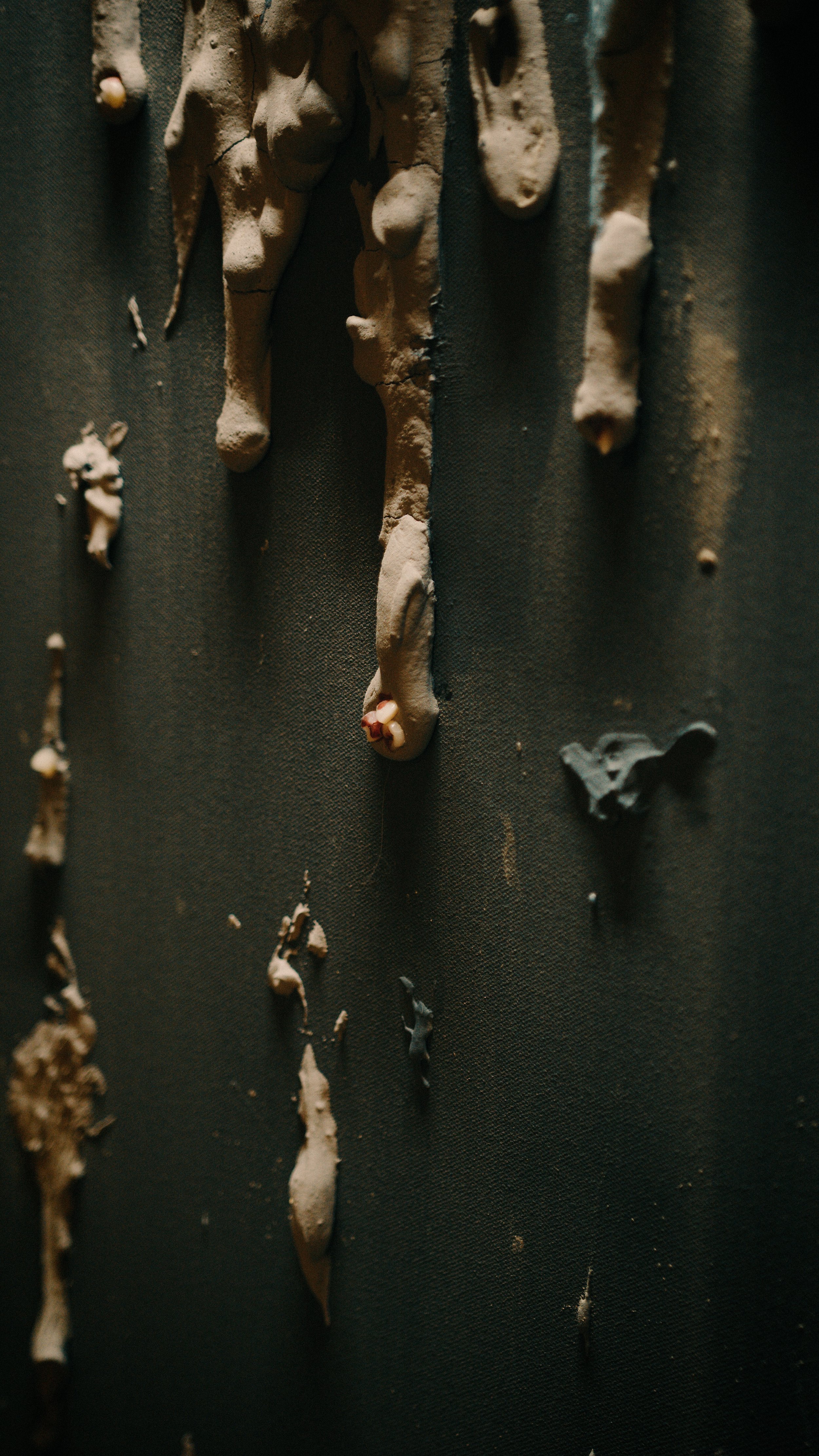Close-up image of a textured, dark-colored surface with irregular, dry, beige or light brown material attached to it, possibly some kind of clay or plaster with small protrusions.