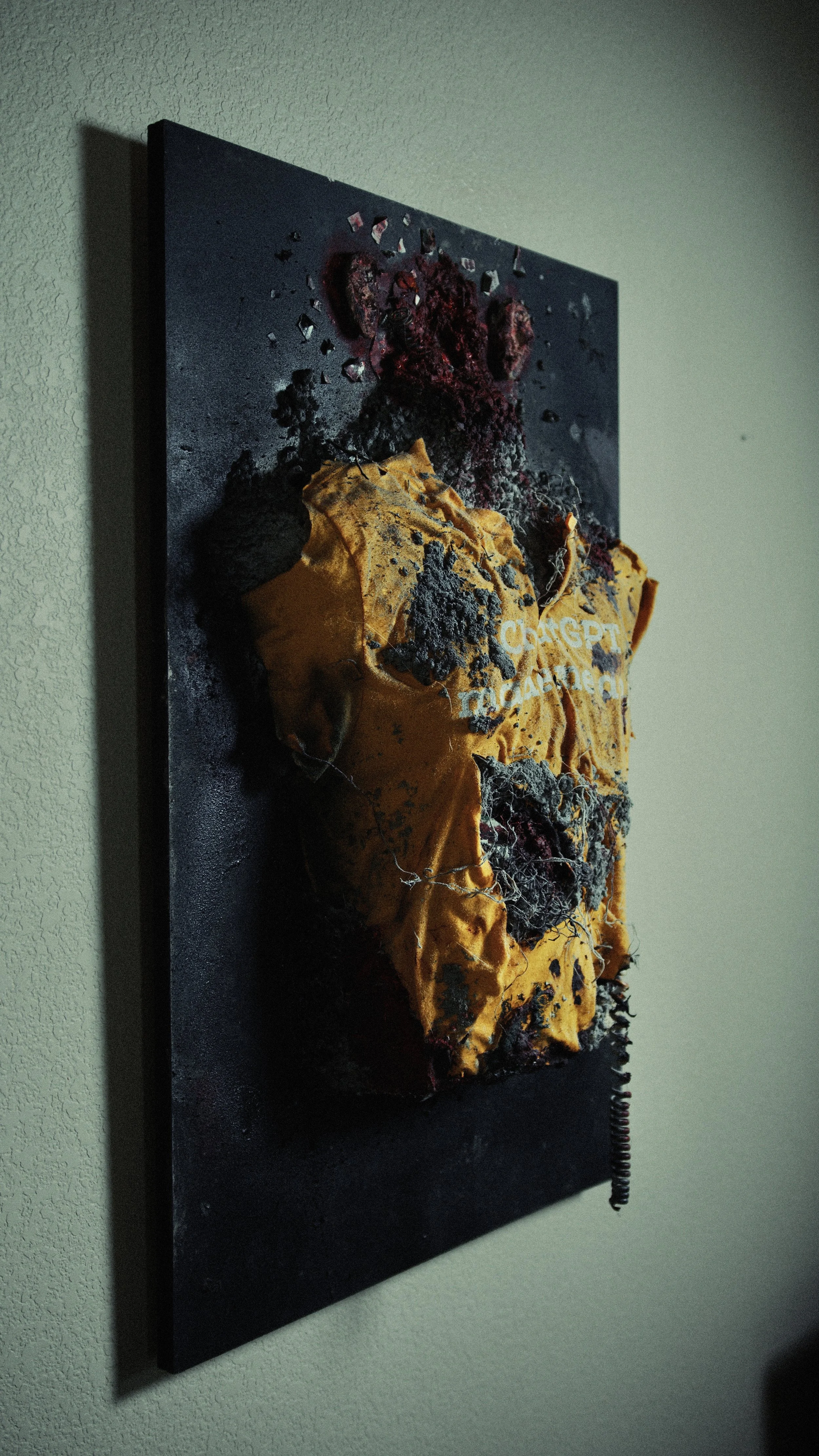 Mixed media art piece depicting a burned and damaged yellow construction helmet on a black background.