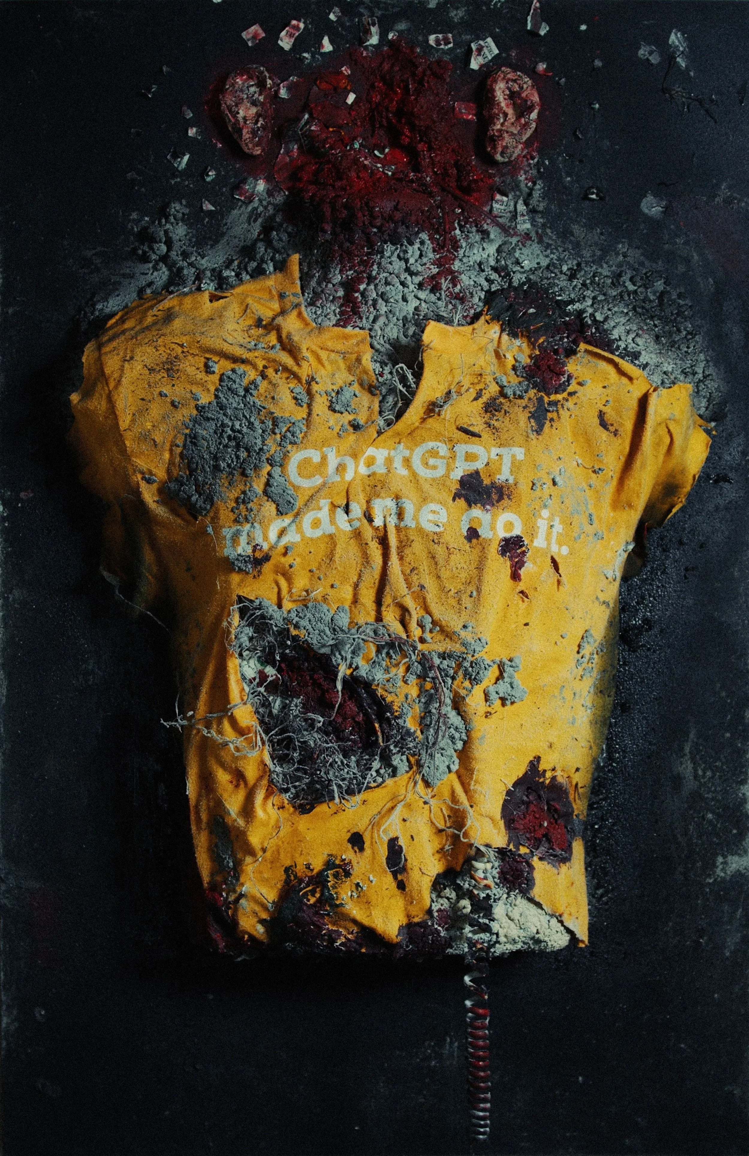 A damaged yellow emergency stop button with dirt, grime, and what appears to be bloodstains, on a black background.