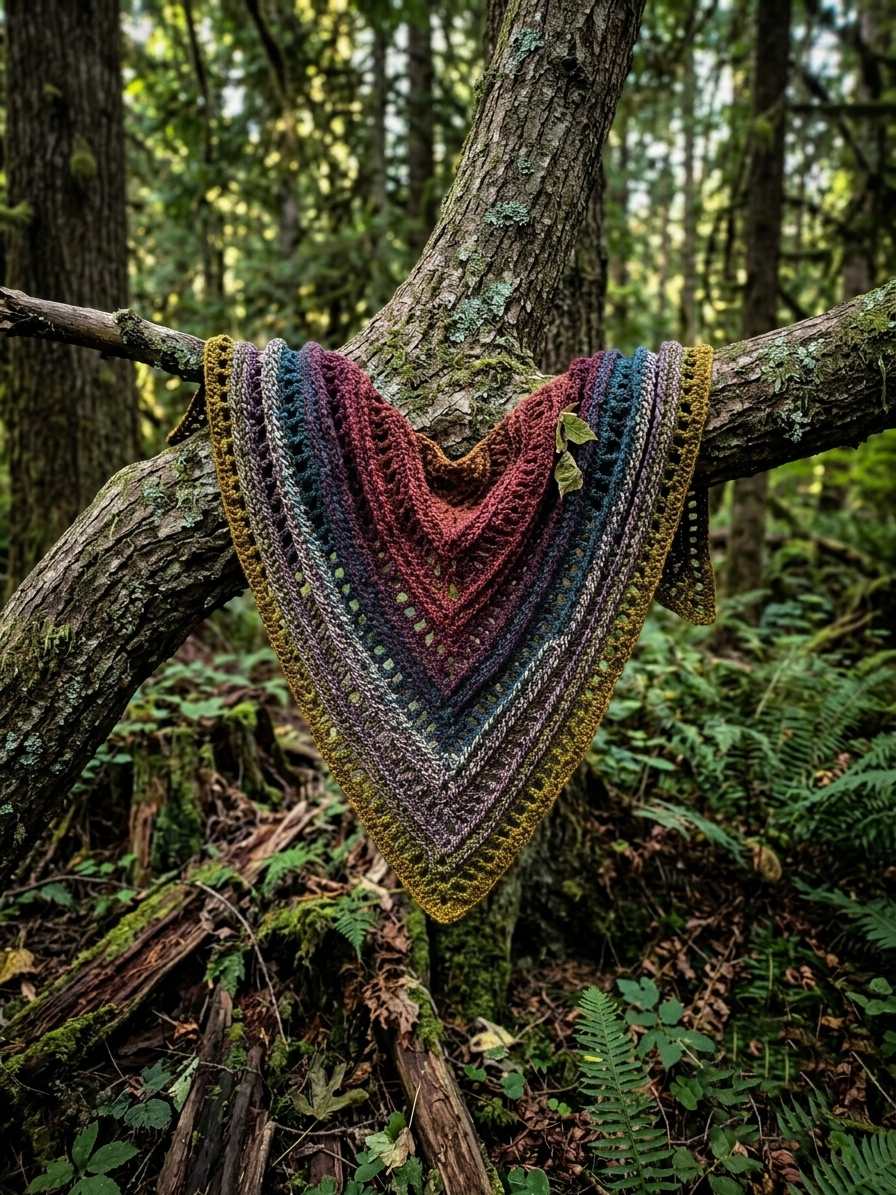 A colorful, hand-crocheted triangular shawl in deep woodland gradients gracefully draped over a mossy tree branch in a dense, foggy forest.