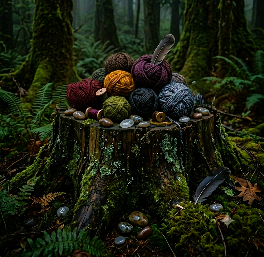 A rustic collection of moody, variegated yarn balls in rich autumn and forest jewel tones- burgandy, mustard, moss green, deep indigo and plum- resting on a mossy weathered tree stump inside a foggy enchanted pine forest.