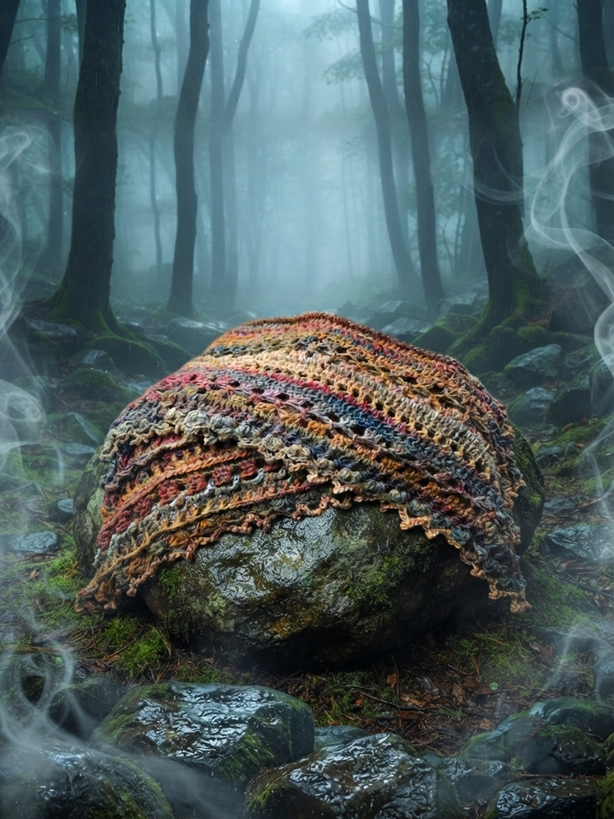 A crocheted wrap with rich, variegated autumn and mossy tones draped dramatically over a large, moss-covered boulder in a misty, enchanted forest.
