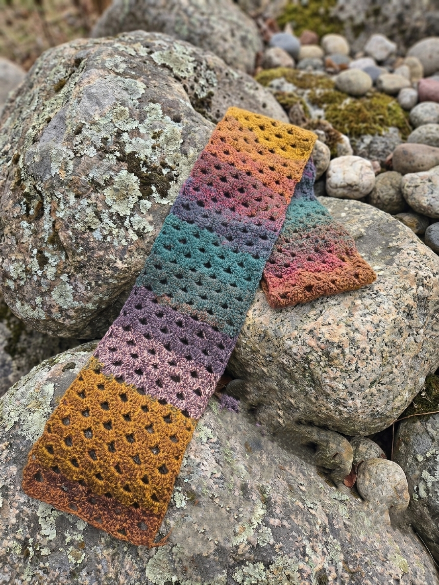 Handmade multi-color crochet scarf resting on natural mossy boulders, featuring a rich gradient of mustard yellow, rust, teal, and plum yarn.