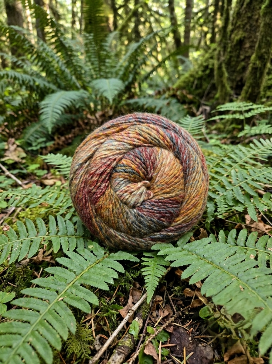 A center-pull cake of variegated, hand-dyed yarn in rich autumnal tones of mustard yellow, rust, deep plum, and slate blue, nestled perfectly in a lush bed of green forest ferns and moss.