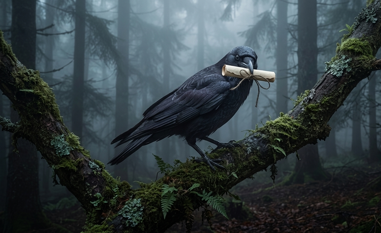 A mystical black raven perched on a moss-covered tree branch in a foggy forest, holding a rolled parchment scroll tied with twine in its beak.