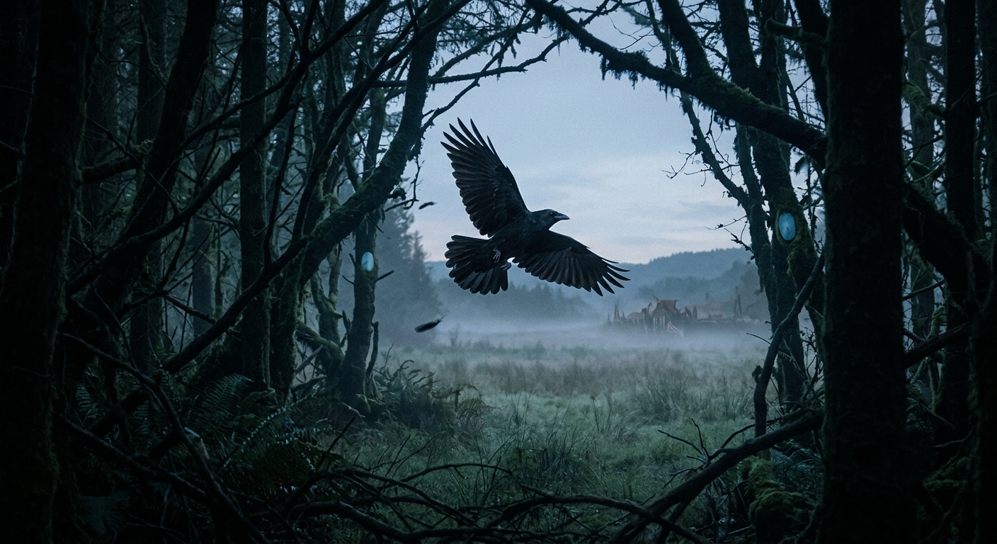 A majestic black crow flying low over a misty, moss-covered forest floor, with a distant village glowing in the soft gray light.