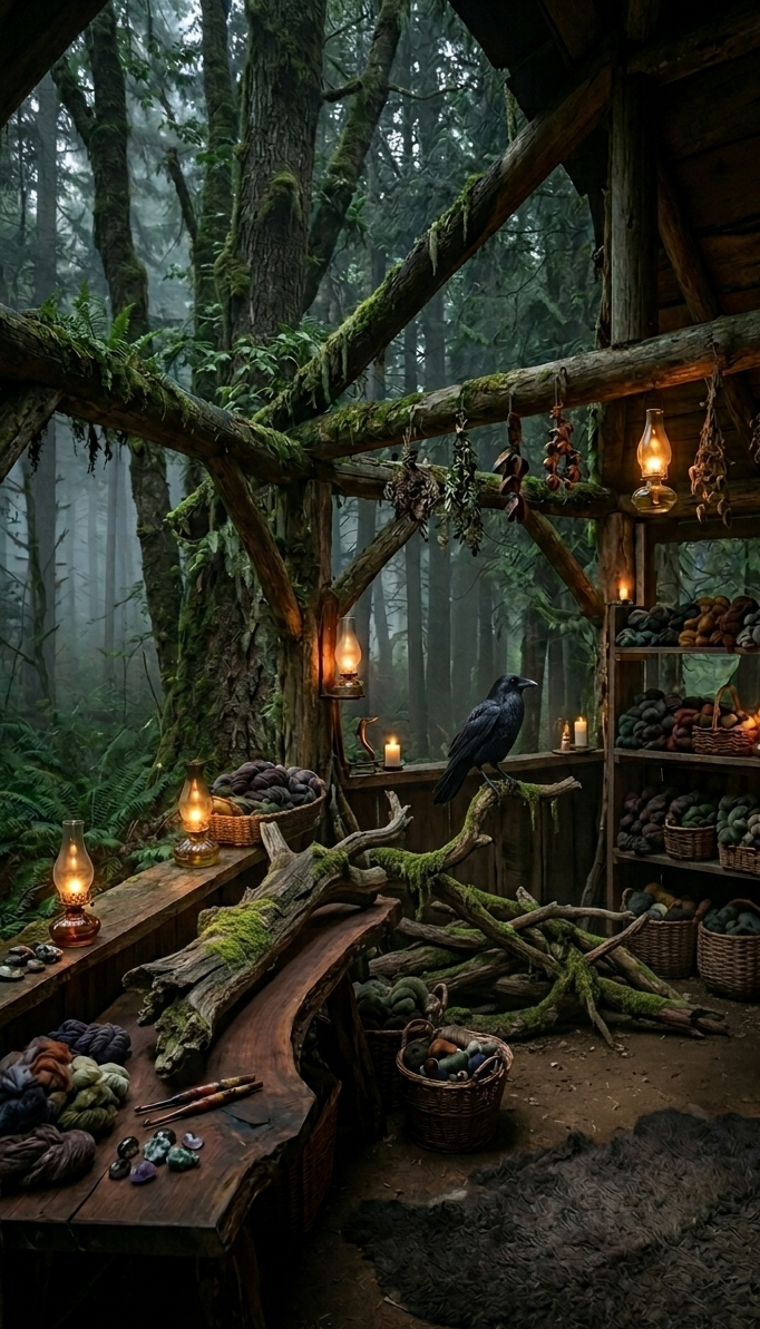 A cozy, rustic forest workshop nestled in the trees with moss-covered logs, glowing oil lamps, baskets of colorful hand-dyed yarn, and a black raven perched inside.