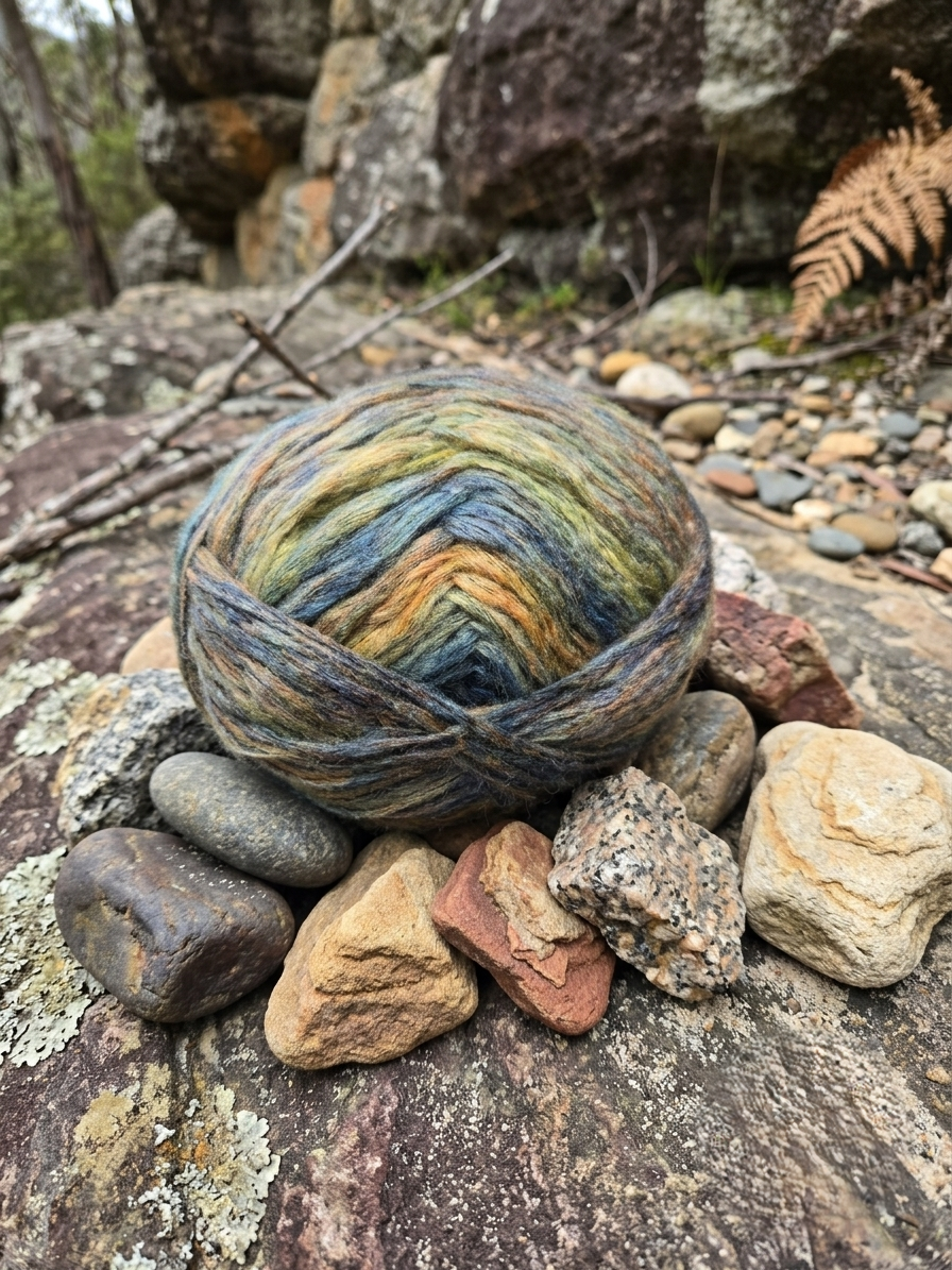A center-pull cake of variegated, hand-dyed yarn featuring a moody blend of slate blue, moss green, and earthy ochre, nestled securely in a circle of weathered river rocks and rugged stone.