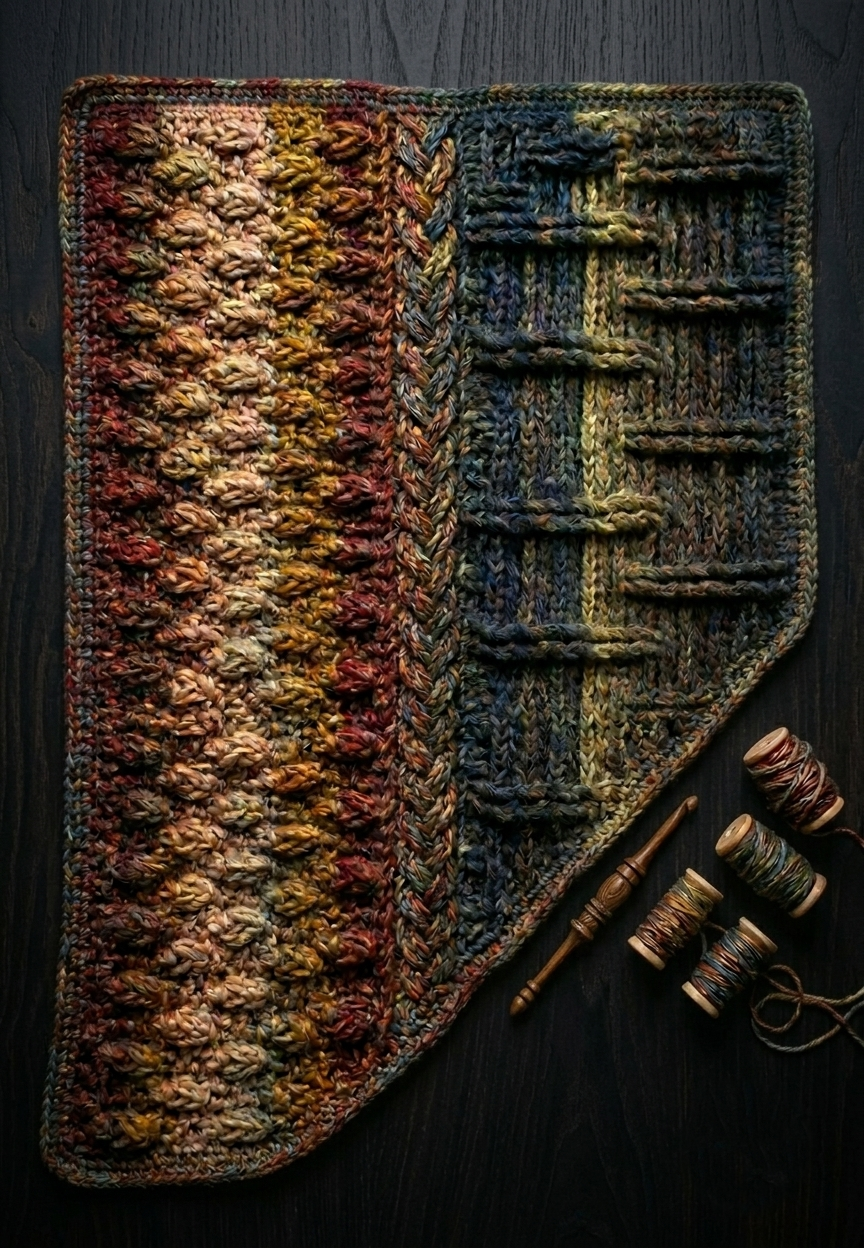 Artisanal crochet flat lay on a dark black walnut wood background featuring a beautifully carved wooden crochet hook, spools of variegated yarn in moody forest tones, showcasing bobble stitch and basketweave cable textures.
