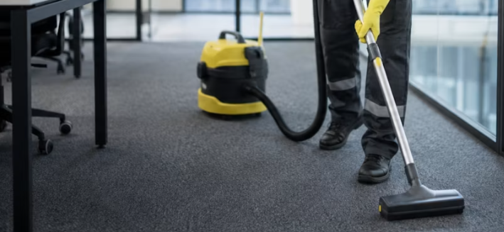 Mensch reinigt Teppichboden mit Staubsauger in einem Büro