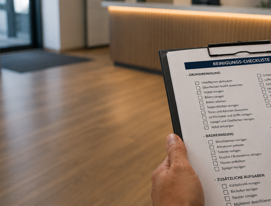 Eine Person hält eine Reinigungs-Checkliste in der Hand, die verschiedene Reinigungsaufgaben für Grundreinigung, Badreinigung und zusätzliche Aufgaben auflistet, in einem Eingang oder Lobbybereich mit Holzboden.