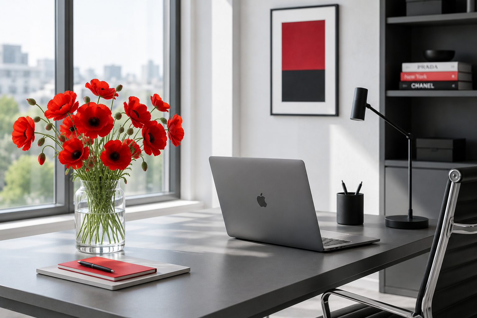 Modern office desk with a glass vase of red poppies, a closed laptop, a red notebook with a pen, a black pen holder with pens, a black adjustable desk lamp, and black shelving with books, near a large window showing an outdoor view.