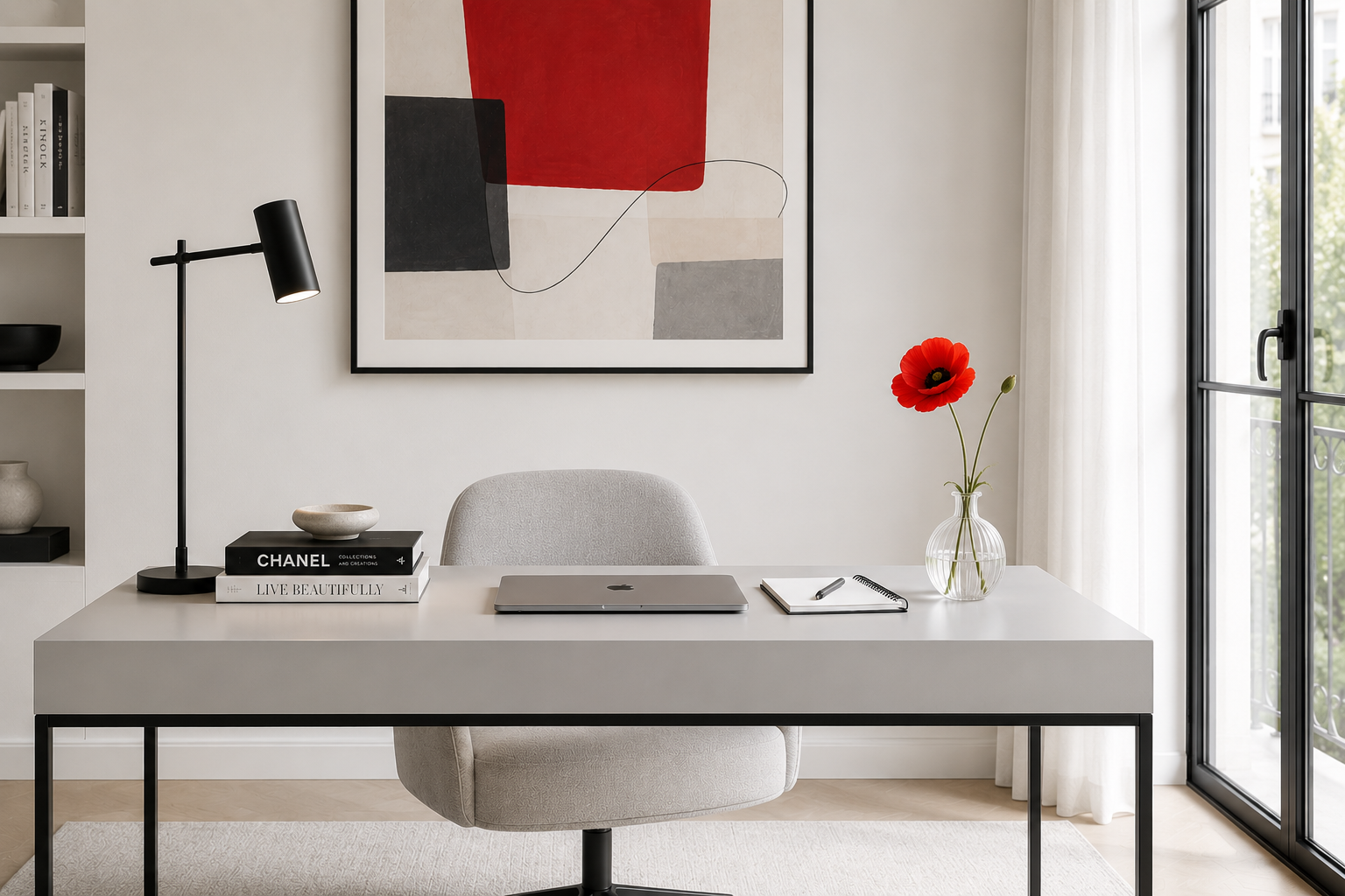 Bright modern home office with a light gray desk, closed MacBook, single red poppy, and floor-to-ceiling French windows.
