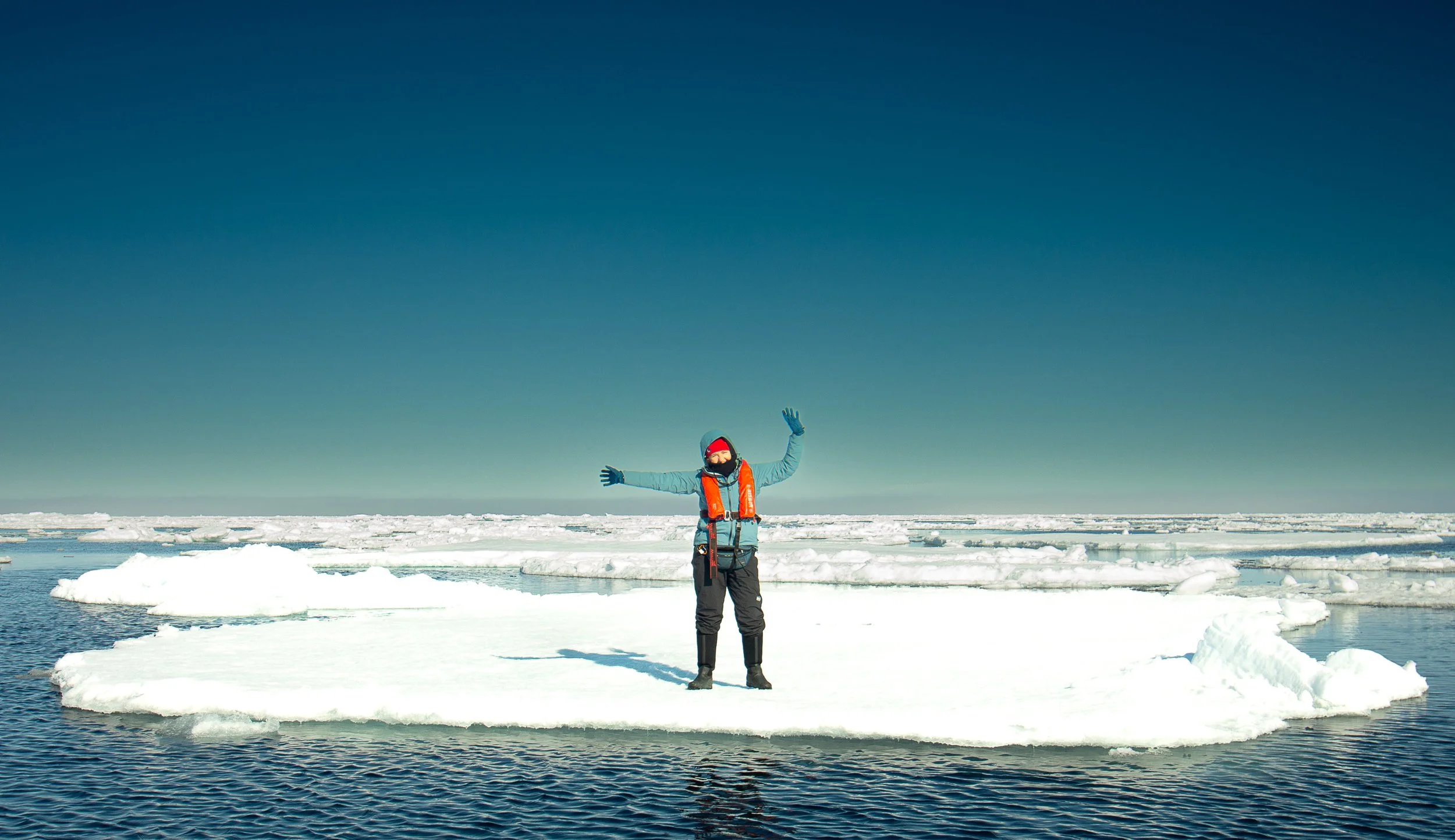 Dr Niamh Shaw standing on Arctic sea ice during expedition, Northwest of Svalbard, 2025