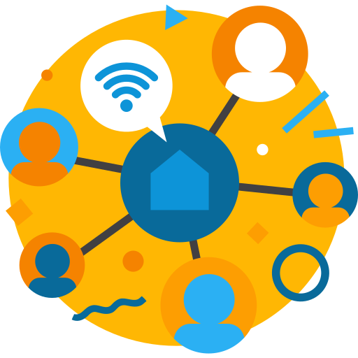 Centered blue house icon connected with black lines to six icons of people and a Wi-Fi signal, on yellow background.