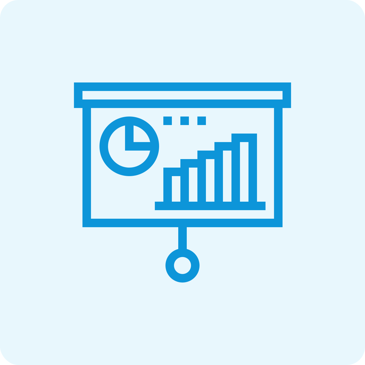 Blue line drawing of a presentation board displaying a pie chart and a bar graph.