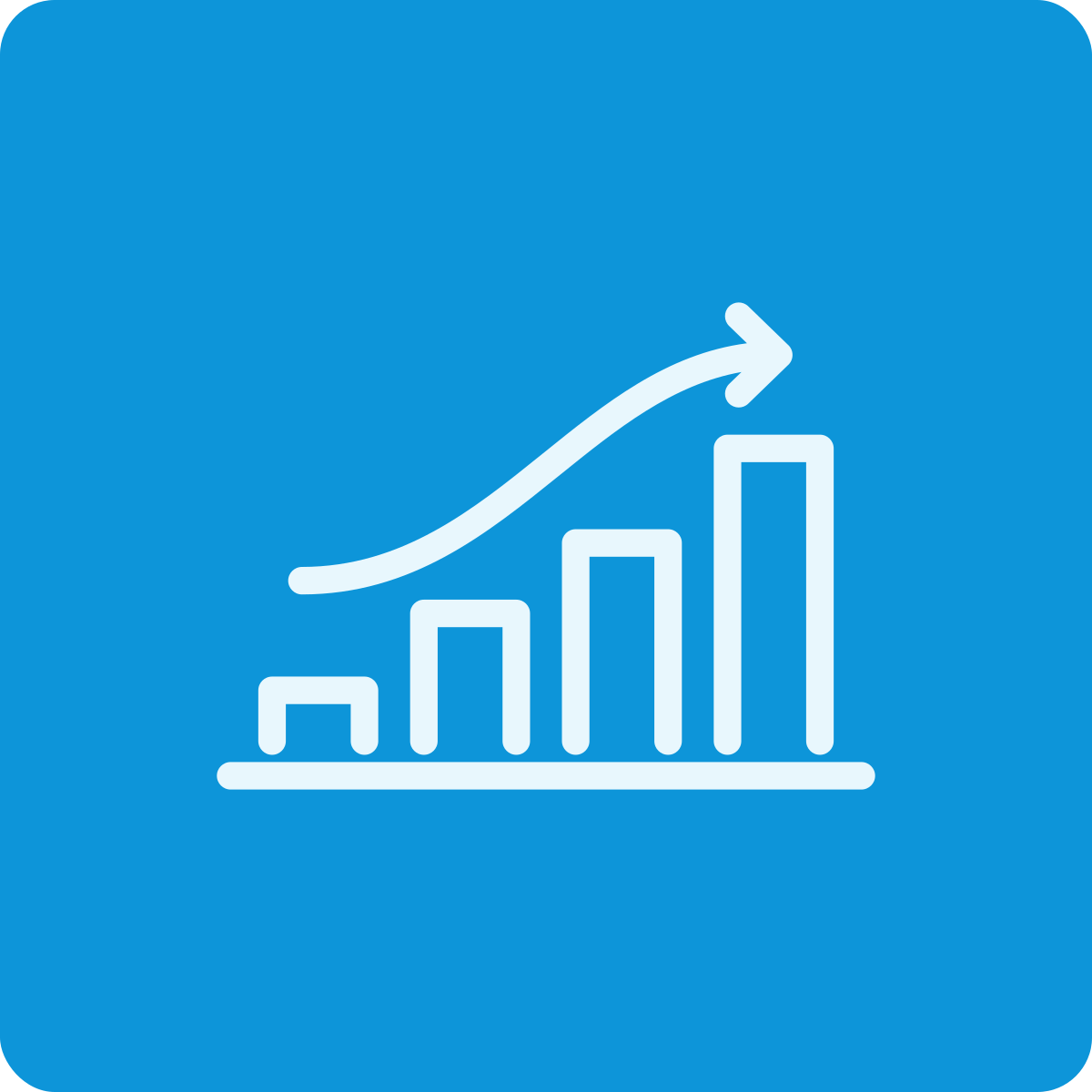 Blue background with a white bar graph showing increasing growth, with an upward trending arrow.
